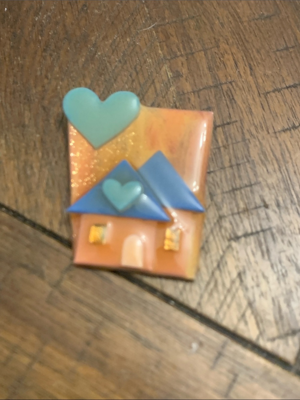 VTG Lucinda Orange Brooch with Blue Roof and Teal Heart Accent